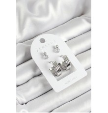 Pirinç Zirkon Taş Ve Halka Figürlü Gümüş Renk 3'lü Çift Kadın Küpe Set