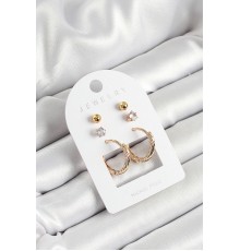 Pirinç Zirkon Taş Ve Halka Figürlü Gold Renk 3'lü Çift Kadın Küpe Set