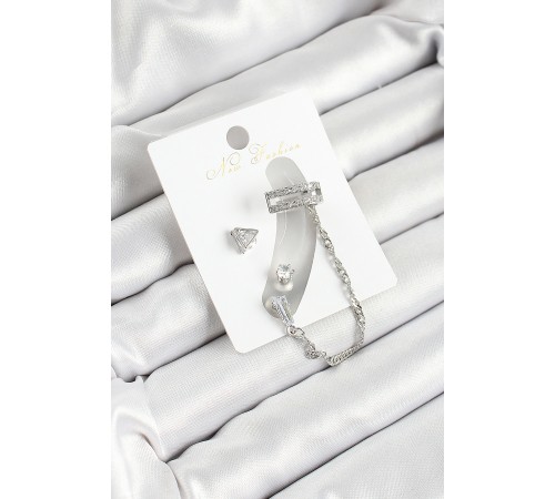 Pirinç Üçgen Figürlü Zirkon Taşlı Gümüş Renk 3'lü Kıkırdak Kadın Küpe Set