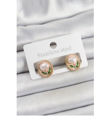 Pirinç Pembe Mineli Lale Figürlü Sanatsal Portre Model Gold Renk Kadın Küpe