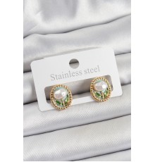 Pirinç Yeşil Mineli Lale Figürlü Sanatsal Portre Model Gold Renk Kadın Küpe