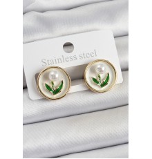 Pirinç Beyaz Mineli Lale Figürlü Sanatsal Portre Model Gold Renk Kadın Küpe