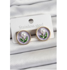 Pirinç Mor Mineli Lale Figürlü Sanatsal Portre Model Gold Renk Kadın Küpe