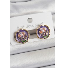 Pirinç Mor Mineli Çiçek Figürlü Sanatsal Portre Model Gold Renk Kadın Küpe