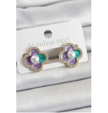 Pirinç Mor Mineli İnci Detaylı Zirkon Taşlı Sanatsal Portre Yonca Model Gold Renk Kadın Küpe