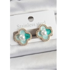 Pirinç Yeşil Mineli İnci Detaylı Zirkon Taşlı Sanatsal Portre Yonca Model Gold Renk Kadın Küpe