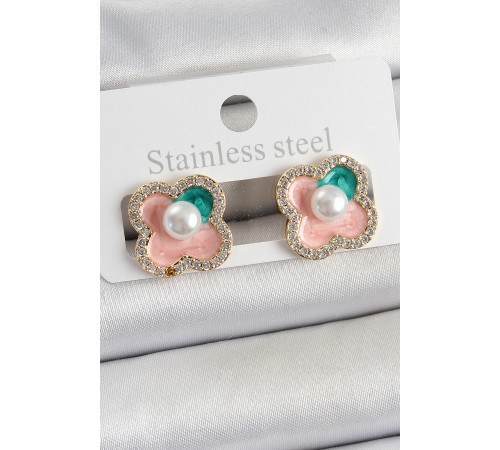 Pirinç Pembe Mineli İnci Detaylı Zirkon Taşlı Sanatsal Portre Yonca Model Gold Renk Kadın Küpe