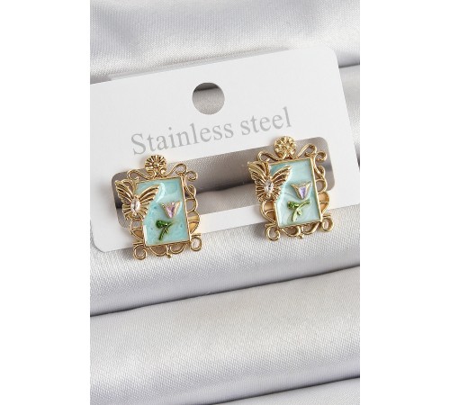 Pirinç Yeşil Mineli Sanatsal Portre Model Gold Renk Kadın Küpe