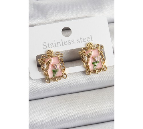 Pirinç Pembe Mineli Sanatsal Portre Model Gold Renk Kadın Küpe