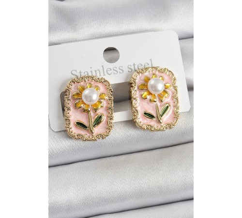 Pirinç Pembe Mineli Papatya Figürlü Sanatsal Portre Model Gold Renk Kadın Küpe