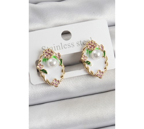 Pirinç Beyaz Mineli İnci Detaylı Sanatsal Portre Model Gold Renk Kadın Küpe