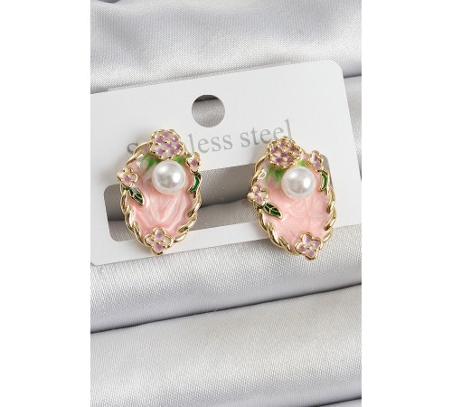 Pirinç Pembe Mineli İnci Detaylı Sanatsal Portre Model Gold Renk Kadın Küpe