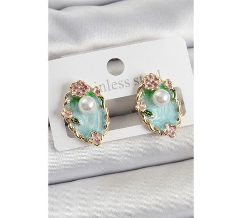 Pirinç Yeşil Mineli İnci Detaylı Sanatsal Portre Model Gold Renk Kadın Küpe