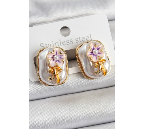 Pirinç Beyaz Mineli İnci Detaylı Çiçek Figürlü Sanatsal Portre Model Gold Renk Kadın Küpe