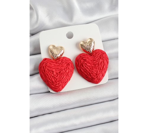 Kırmızı Kalp Figürlü Hasır Örgü Model Gold Renk Kadın Küpe