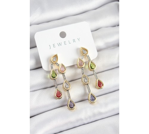 Pirinç Çoklu Damla Model Karşık Zirkon Taşlı Gold Ve Gümüş Renk Kadın Küpe