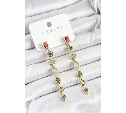 Pirinç Renkli Zirkon Taşlı Sallantılı Model Gold Renk Kadın Küpe