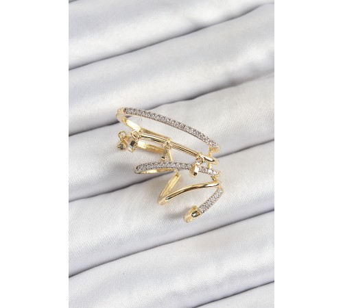 Pirinç Zirkon Taşlı Sıkıştırma Sağ Kıkırdak Gold Renk Kadın Küpe
