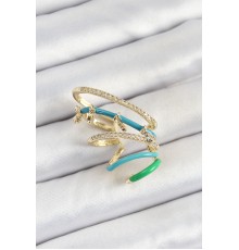 Pirinç Zirkon Taşlı Mavi Yeşil Sıkıştırma Sağ Kıkırdak Gold Renk Kadın Küpe