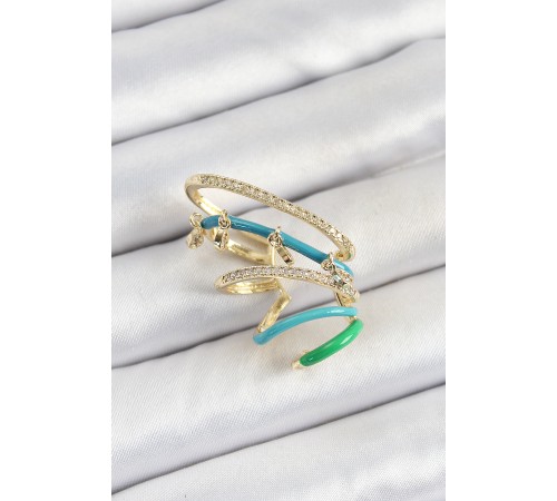 Pirinç Zirkon Taşlı Mavi Yeşil Sıkıştırma Sağ Kıkırdak Gold Renk Kadın Küpe