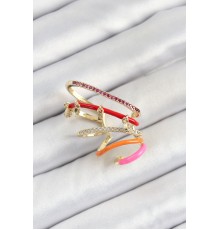Pirinç Zirkon Taşlı Kırmızı Turuncu Pembe Sıkıştırma Sağ Kıkırdak Gold Renk Kadın Küpe