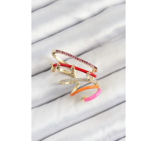 Pirinç Zirkon Taşlı Kırmızı Turuncu Pembe Sıkıştırma Sağ Kıkırdak Gold Renk Kadın Küpe