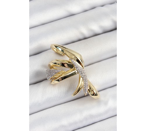 Pirinç Zirkon Taşlı Sıkıştırma Sağ Kıkırdak Gold Renk Kadın Küpe