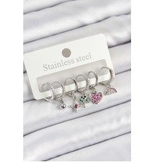 Pirinç Zirkon Taşlı Karpuz Yonca Kalp Pusula Karışık Model Gümüş Renk 6'lı Set Kadın Küpe