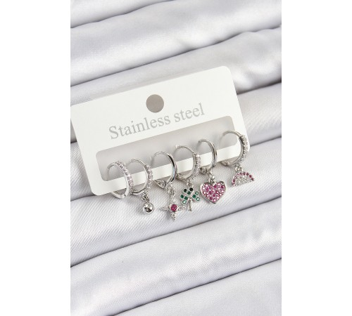 Pirinç Zirkon Taşlı Karpuz Yonca Kalp Pusula Karışık Model Gümüş Renk 6'lı Set Kadın Küpe