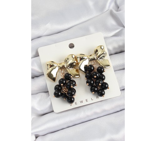 Pirinç Sallantılı Siyah Boncuklu Fiyonk Vintage Model Gold Renk Kadın Küpe