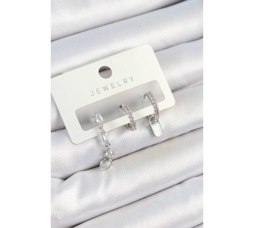 Pirinç Zirkon Taşlı Sallantılı Model Gümüş Renk 3'lü Çift Kadın Küpe Set