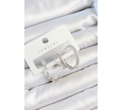 Pirinç Zirkon Taşlı Sallantılı Model Gümüş Renk 3'lü Çift Kadın Küpe Set