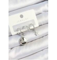 Pirinç Zirkon Taşlı Sallantılı Yıldız Model Gümüş Renk 3'lü Çift Kadın Küpe Set