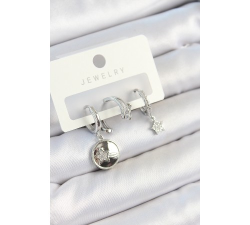 Pirinç Zirkon Taşlı Sallantılı Yıldız Model Gümüş Renk 3'lü Çift Kadın Küpe Set