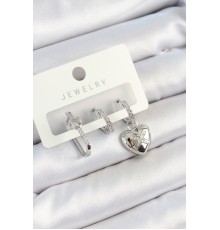 Pirinç Zirkon Taşlı Kalp Model Gümüş Renk 3'lü Çift Kadın Küpe Set