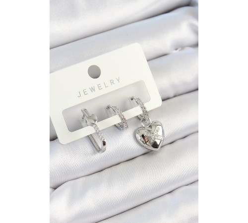 Pirinç Zirkon Taşlı Kalp Model Gümüş Renk 3'lü Çift Kadın Küpe Set