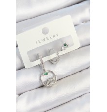 Pirinç Zirkon Taşlı Göz Ve Baykuş Model Gümüş Renk 3'lü Çift Kadın Küpe Set