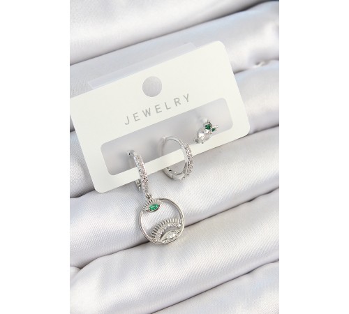 Pirinç Zirkon Taşlı Göz Ve Baykuş Model Gümüş Renk 3'lü Çift Kadın Küpe Set