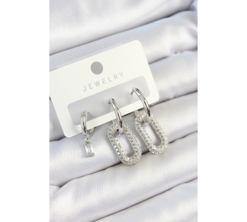 Pirinç Zirkon Taşlı Dikdörtgen Model Gümüş Renk 3'lü Çift Kadın Küpe Set