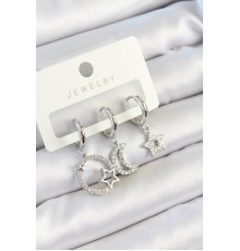 Pirinç Zirkon Taşlı Ay Ve Yıldız Model Gümüş Renk 3'lü Çift Kadın Küpe Set