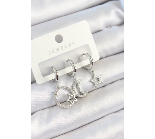 Pirinç Zirkon Taşlı Ay Ve Yıldız Model Gümüş Renk 3'lü Çift Kadın Küpe Set