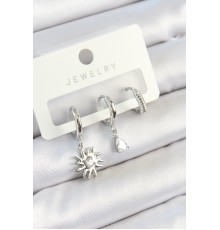 Pirinç Zirkon Taşlı Güneş Model Gümüş Renk 3'lü Çift Kadın Küpe Set