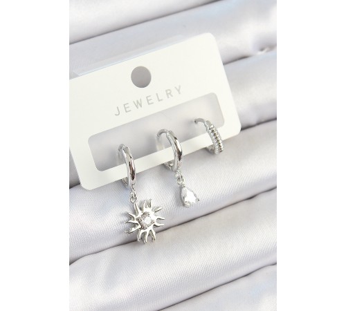 Pirinç Zirkon Taşlı Güneş Model Gümüş Renk 3'lü Çift Kadın Küpe Set