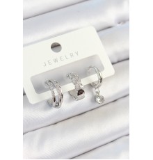 Pirinç Zirkon Taşlı Halka Model Gümüş Renk 3'lü Çift Kadın Küpe Set