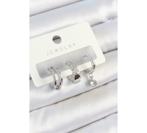 Pirinç Zirkon Taşlı Halka Model Gümüş Renk 3'lü Çift Kadın Küpe Set