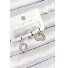 Pirinç Zirkon Taşlı Kalp Model Gümüş Renk 3'lü Çift Kadın Küpe Set