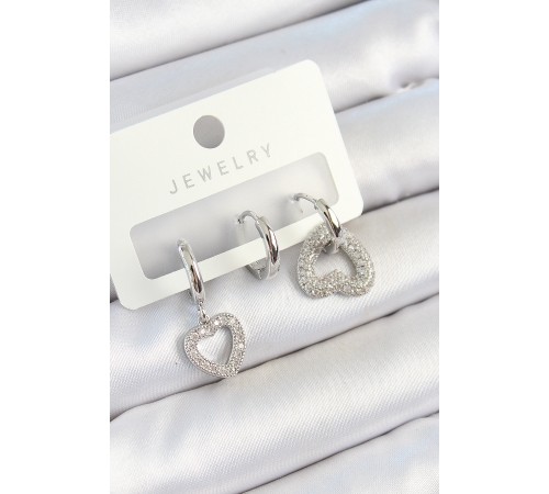 Pirinç Zirkon Taşlı Kalp Model Gümüş Renk 3'lü Çift Kadın Küpe Set