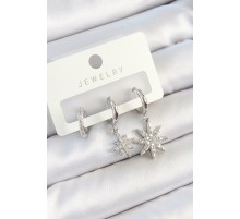 Pirinç Zirkon Taşlı Kutup Yıldızı Model Gümüş Renk 3'lü Çift Kadın Küpe Set