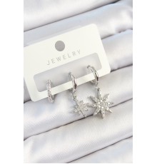 Pirinç Zirkon Taşlı Kutup Yıldızı Model Gümüş Renk 3'lü Çift Kadın Küpe Set