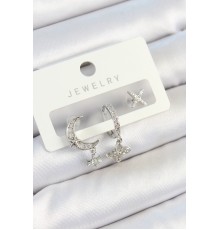 Pirinç Zirkon Taşlı Çiçek Ve Ay Model Gümüş Renk 3'lü Çift Kadın Küpe Set